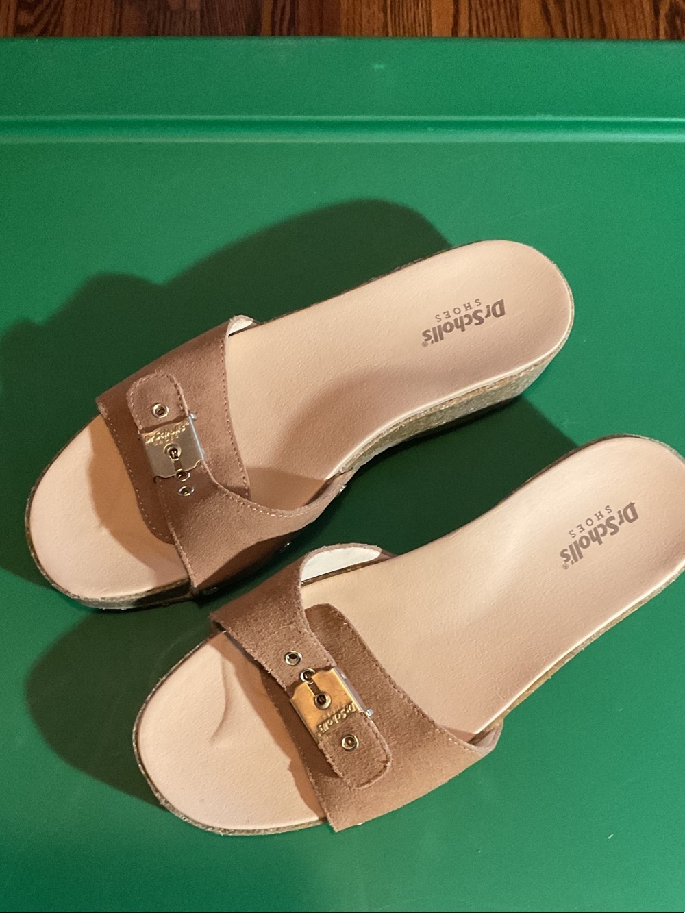 Dr. Scholl's Tan Suede Slide Mules with Gold Buckle